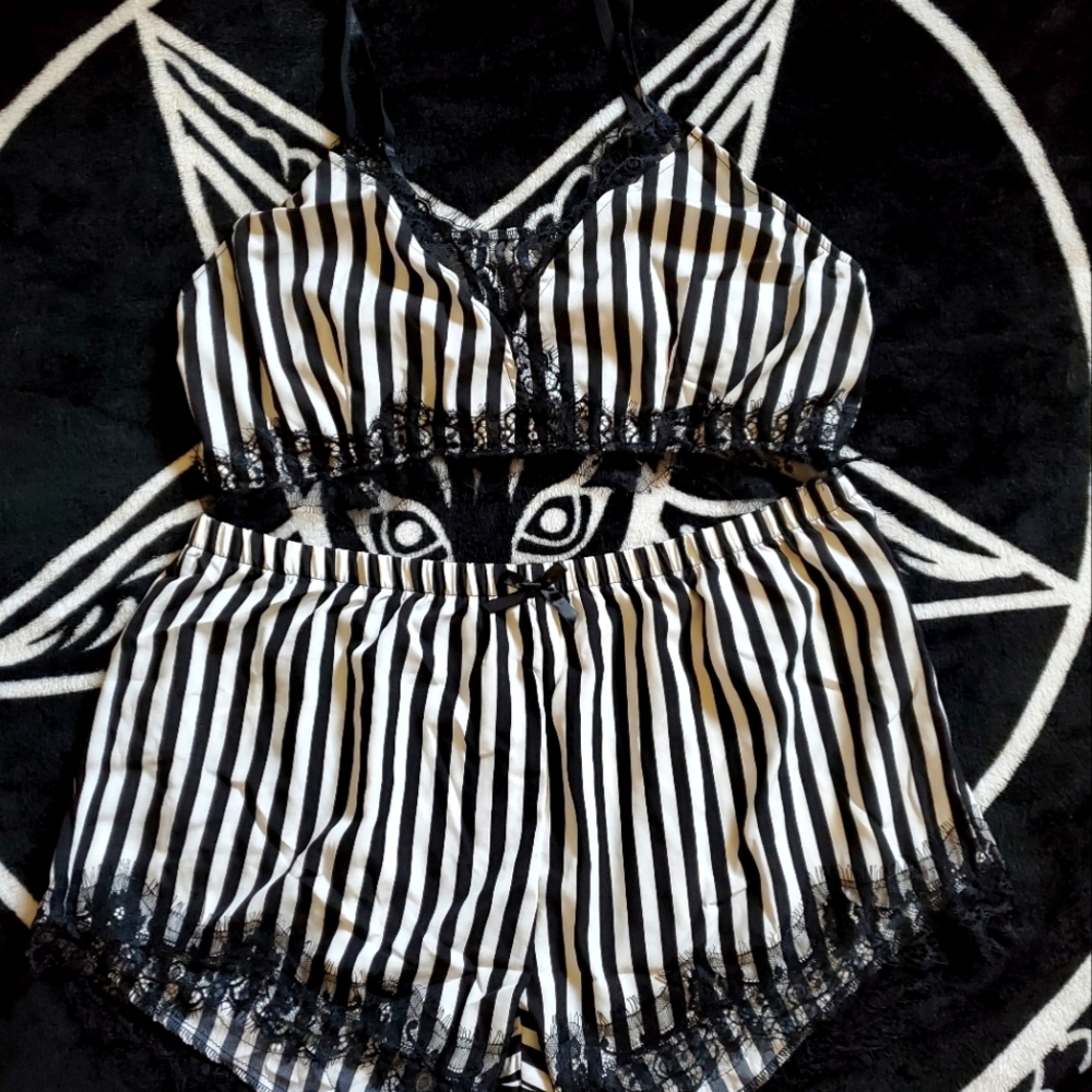 Black and white striped bralette and short set